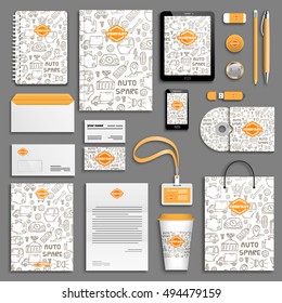 Corporate identity auto spare parts template set. Business stationery mock-up with logo. Branding design. Vehicle recycling background.