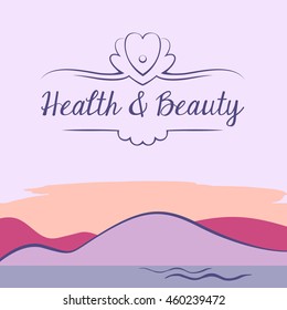 Corporate identity, banner, background with vector logo depicting shells and pearls. Health and beauty. Caring for the body and face, hygiene.