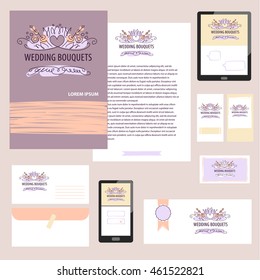 Corporate identity, banner, card, logo with sketch elegant wedding bouquet of flowers. Color illustration, design element, logotype for celebration invitation party of just married.