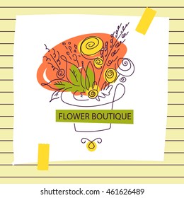 Corporate identity, banner, card, logo with sketch elegant wedding bouquet of flowers. Color illustration, design element, logotype for celebration invitation party of just married.