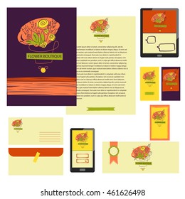 Corporate identity, banner, card, logo with sketch elegant wedding bouquet of flowers. Color illustration, design element, logotype for celebration invitation party of just married.