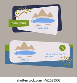 Corporate identity, banner, poster with freehand drawn illustration mountain and lakeland on color background for logotype natural farm products. Logo for the packaging, label of organic goods.