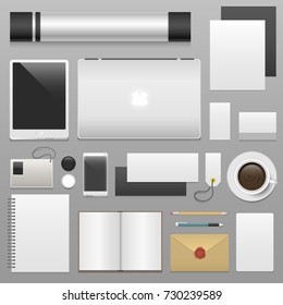 Corporate identity blank template set business stationery mockup realistic 3d top view vector illustration