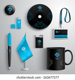 Identidade corporativa conjunto de design azul e preto com caneta de copo cd e cartão de identificação ilustração vetorial isolada