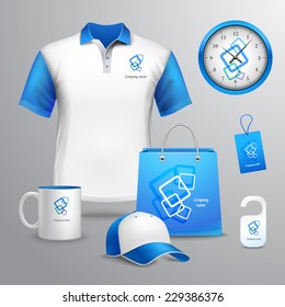 Corporate identity blue template decorative set with t-shirt clock cap vector illustration