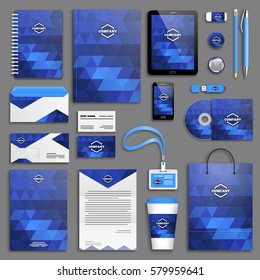 Corporate identity blue template set. Business stationery mock-up with logo. Branding design. Colorful geometric background.