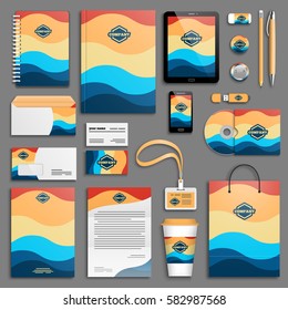 Corporate identity blue water, sand, orange, ethnic, wave template set. Business stationery mock-up with logo. Branding design. Colorful geometric background.