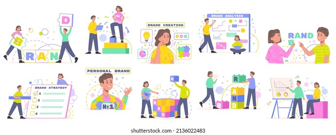 Corporate Identity, Brand Creation And Building, Business Development. Company Presentation And Personal Brand Vector Illustration Set. Business Branding Identity Company Corporate