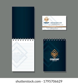 corporate identity brand mockup, notebooks and business card, black mockup with golden sign vector illustration design