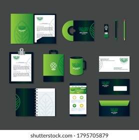 corporate identity brand mockup, smartphone and business icons green mockup, green company sign vector illustration design