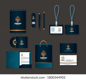 corporate identity brand mockup, mockup of stationery supplies black color with golden sign vector illustration design