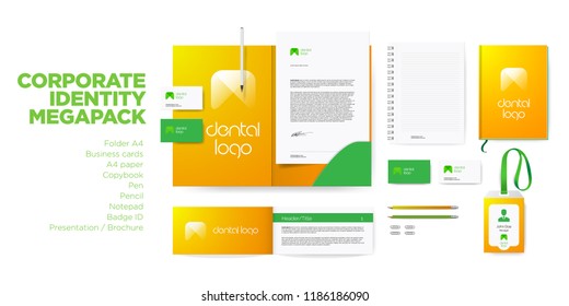 Corporate Identity Branding Design Style for Dental Clinic with Tooth Logo. Stationery megapack Mock Up with Visit Card, A4 Letter, Presentation, Badge ID and Folder. Colorful Creative Design.