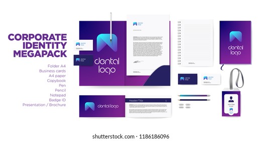 Corporate Identity Branding Design Style for Dental Clinic with Tooth Logo. Stationery megapack Mock Up with Visit Card, A4 Letter, Presentation, Badge ID and Folder. Colorful Creative Design.