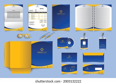 Corporate identity branding design template. Blue yellow Premium Stationery design set. Vector Template for business or finance company. Invoice, Folder, A4 letter, notebook, visiting card, envelope.
