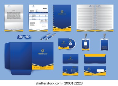 Corporate identity branding design template. Blue yellow Premium Stationery design set. Vector Template for business or finance company. Invoice, Folder, A4 letter, notebook, visiting card, envelope.
