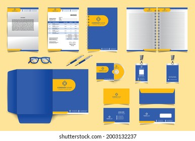Plantilla de diseño de marca de identidad corporativa. Juego de diseño de diseño de diseño de diseño de diseño Premium de color amarillo azul. Plantilla de vectores para empresas o empresas financieras. Factura, carpeta, carta A4, bloc de notas, tarjeta de visita, sobre.
