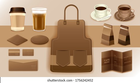 Corporate identity branding Mockup, Coffee, Cafe, Food delivery, Realistic MockUp, uniform, cup, paper pack, menu, vector illustration