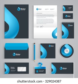 Corporate identity branding template. Abstract vector stationery design with water drop symbol on dark background. Business documentation