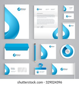 Corporate identity branding template. Abstract vector stationery design with water drop symbol on white background. Business documentation