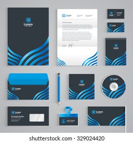 Corporate identity branding template. Abstract vector stationery design with ribbon waves illustration symbol on dark background. Business documentation