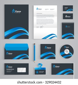 Corporate identity branding template. Abstract vector stationery design with waves or flame symbol on dark background. Business documentation