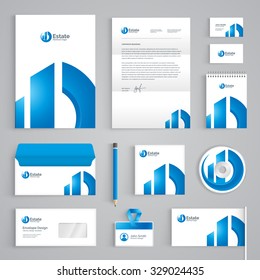 Corporate identity branding template. Abstract vector stationery design with Real Estate symbol on white background. Business documentation