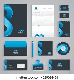 Corporate identity branding template. Abstract vector stationery design with infinity 8 symbol on dark background. Business documentation