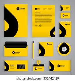 Corporate identity branding template. Abstract vector stationery design with oil drop symbol on yellow background. Business documentation