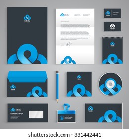 Corporate identity branding template. Abstract vector stationery design with infinity symbol on dark background. Business documentation