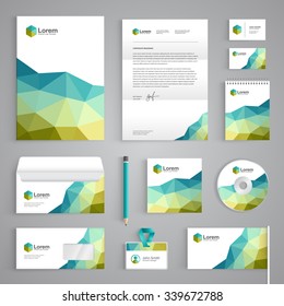 Corporate identity branding template. Abstract vector stationery design with low poly origami pattern on white background. Business documentation collection