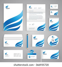 Corporate identity branding template. Abstract vector stationery design with wings illustration symbol on white background. Business documentation