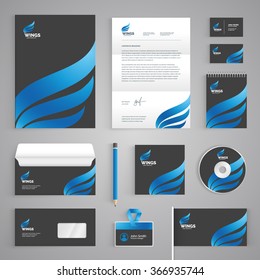 Corporate identity branding template. Abstract vector stationery design with wings illustration symbol on dark background. Business documentation