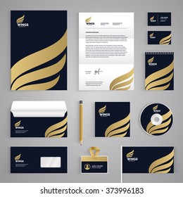 Corporate identity branding template. Abstract vector stationery design with golden wings illustration symbol on dark background. Business documentation