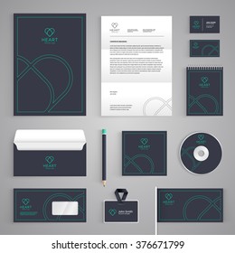 Corporate identity branding template. Abstract vector stationery design with heart illustration symbol on dark background. Business documentation