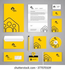 Corporate identity branding template. Abstract vector stationery design with social community team illustration symbol on dark background. Business documentation