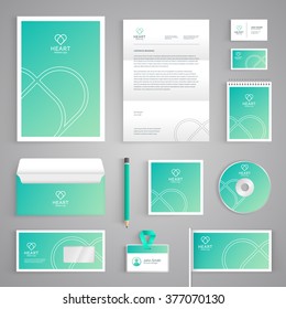 Corporate identity branding template. Abstract vector stationery design with heart illustration symbol on green background. Business documentation