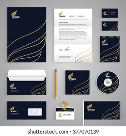 Corporate identity branding template. Abstract vector stationery design with wings illustration symbol on dark background. Business documentation