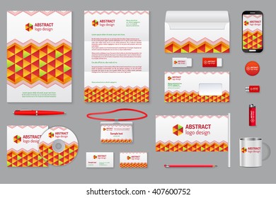 Corporate identity branding template. Business documentation.
Business stationery mock-up with logo. Triangular colorful background. Pen and pencil, phone, document, badge, letter, envelope