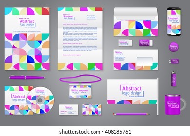 Corporate identity branding template. Business documentation.
Business stationery mock-up with logo. Colorful quarter background. Purple element
. Pen and pencil, phone, document, badge, envelope