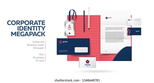 Corporate identity and branding template megapack. Realistic stationery mockup with logo and printing materials. Folder and A4 letter, visiting card and envelope. Gravity style with light background.