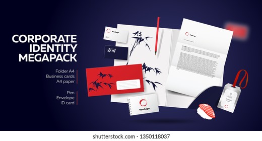 Corporate identity and branding template megapack. Realistic stationery mockup with logo and printing materials. Folder and A4 letter, visiting card and envelope. Gravity style with dark background.