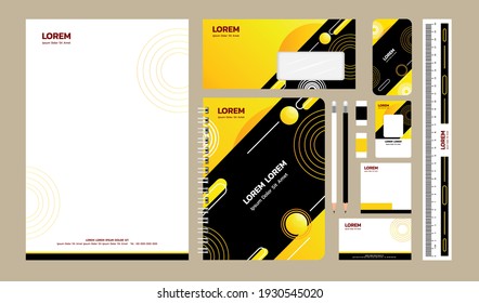 Corporate identity branding template set with a minimalistic design using yellow, black theme vector illustration.