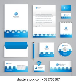 Corporate identity branding template. Vector stationery design with blue waves background. Business documentation