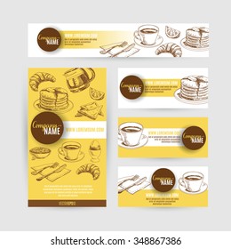 Corporate identity breakfast business set design. Food background. Vector hand drawn illustration. Sketch.