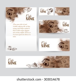 Corporate identity business coffee set design. Abstract background with vintage party pastry, cakes and sweets. Vector illustration.