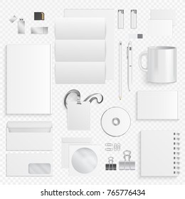Corporate identity business items. Vector icons of supplies and office stationery, pen, business info card, envelope bag paper, mug and id badges on the transperant background.