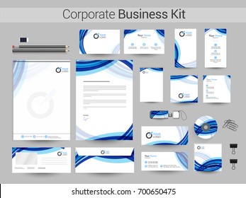 Corporate Identity or Business Kit with blue waves. Branding design templates with Letter Head, Envelope, CD, Web Banner and other stationery.