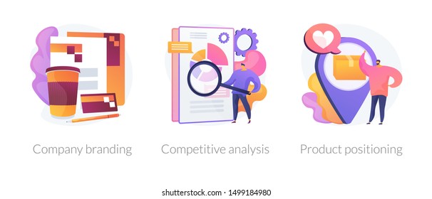 Corporate identity, Business marketing strategy development flat icons set. Company branding, competitive analysis, product positioning metaphors. Vector isolated concept metaphor illustrations