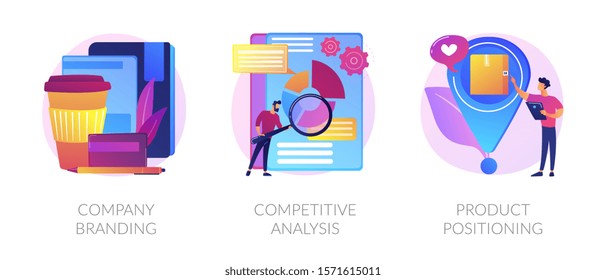 Corporate identity, Business marketing strategy development flat icons set. Company branding, competitive analysis, product positioning metaphors. Vector isolated concept metaphor illustrations