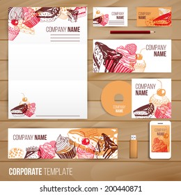 Corporate identity business set design. Abstract background with vintage party pastry, cakes and sweets. Vector illustration.